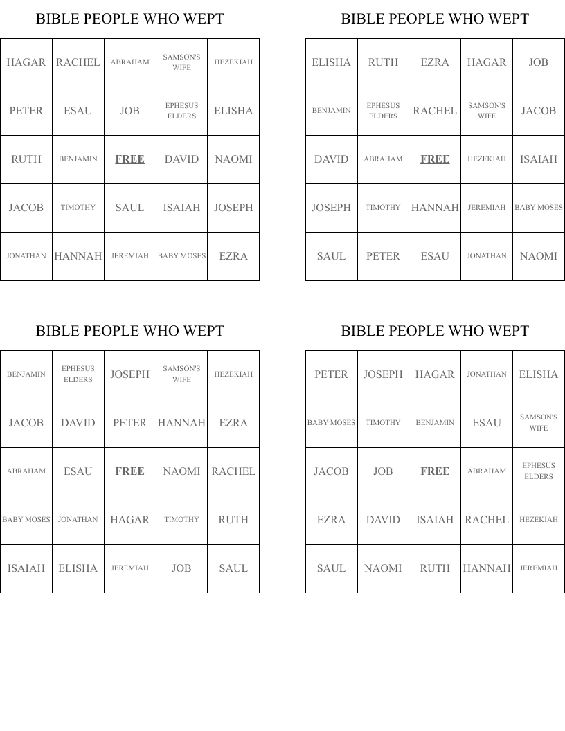 BIBLE PEOPLE WHO WEPT Bingo Cards