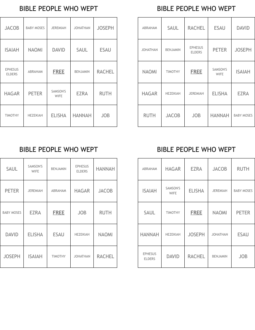 BIBLE PEOPLE WHO WEPT Bingo Cards