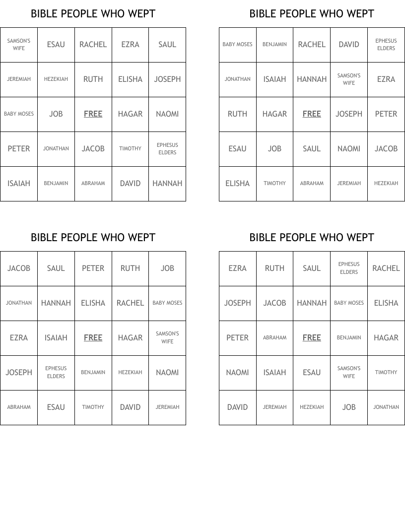 BIBLE PEOPLE WHO WEPT Bingo Cards