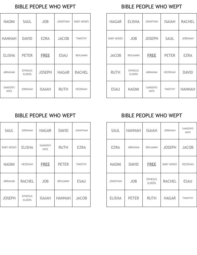 BIBLE PEOPLE WHO WEPT Bingo Cards