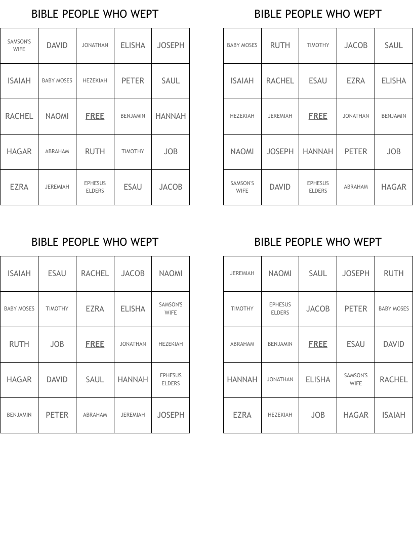 BIBLE PEOPLE WHO WEPT Bingo Cards