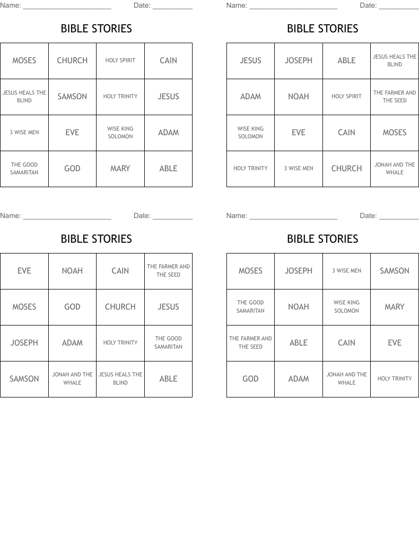 BIBLE STORIES Bingo Cards