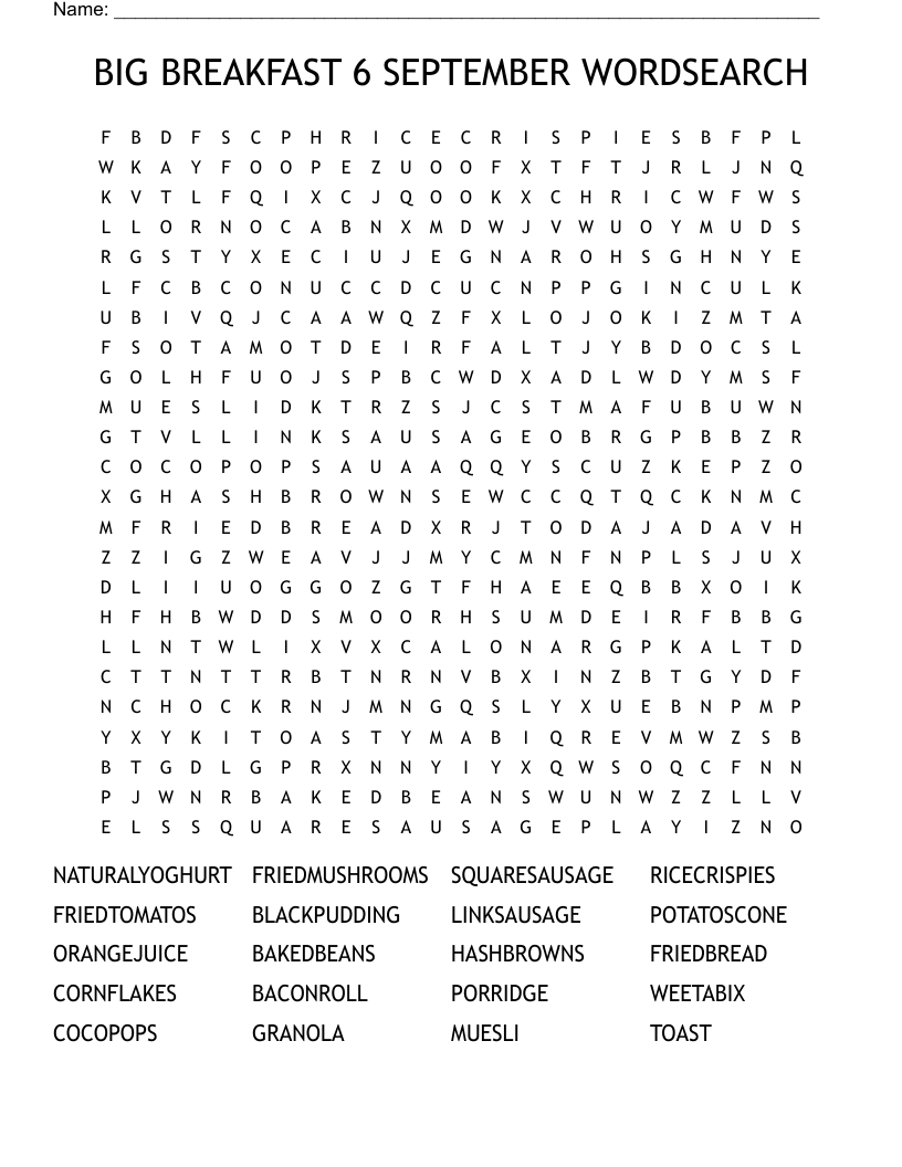 BIG BREAKFAST 6 SEPTEMBER WORDSEARCH