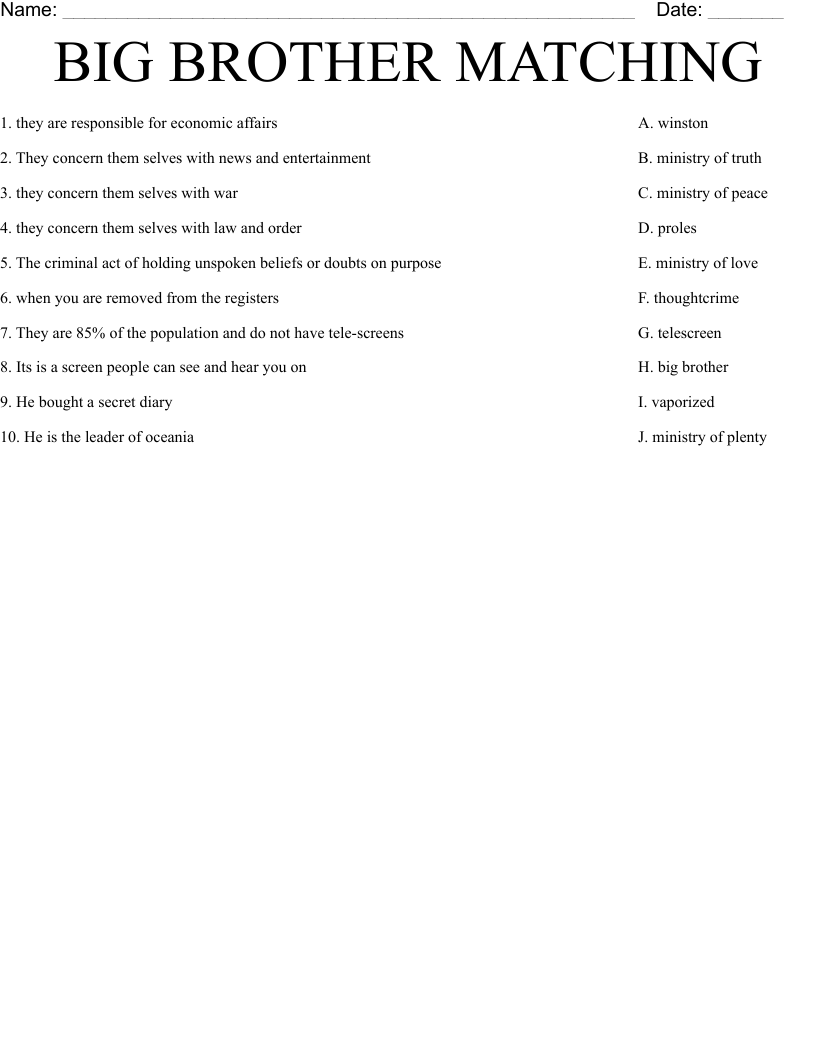 BIG BROTHER MATCHING Worksheet