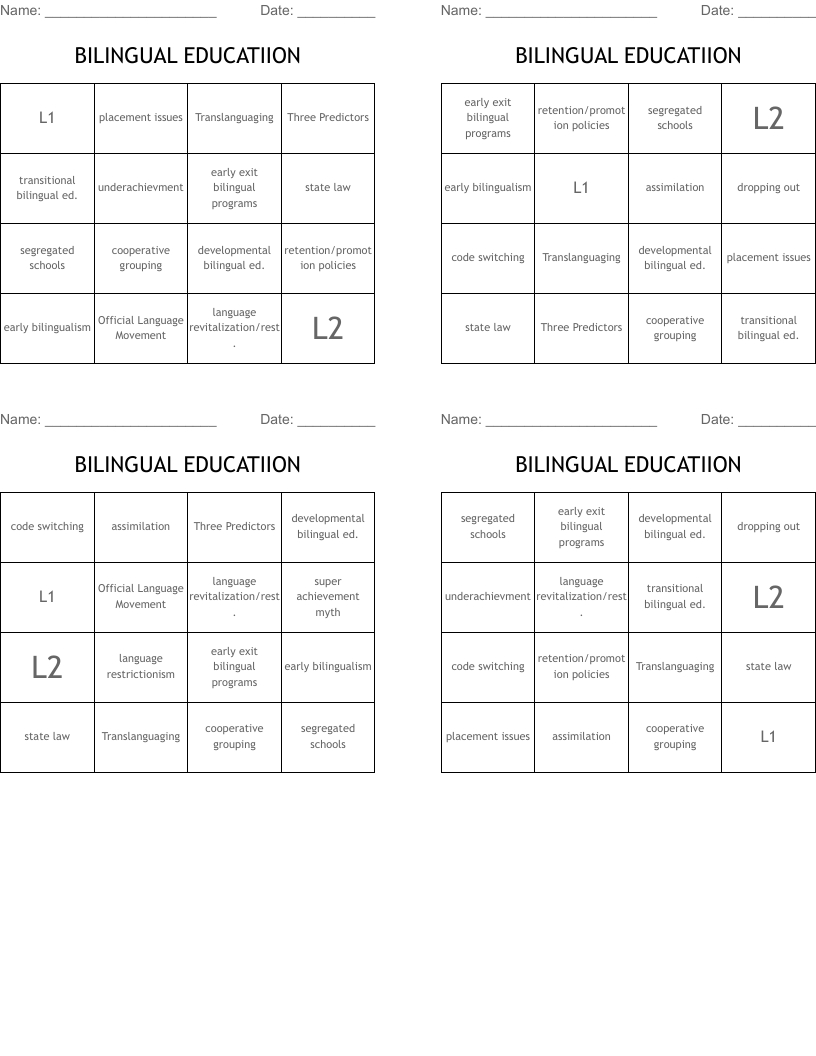 BILINGUAL EDUCATIION Bingo Cards