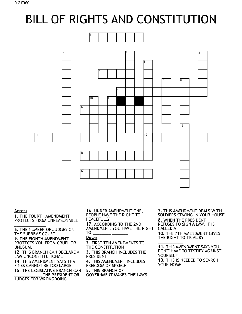 BILL OF RIGHTS AND CONSTITUTION Crossword