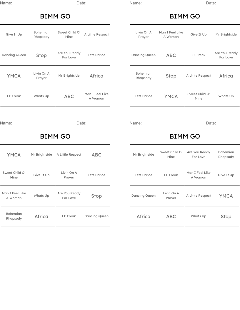 BIMM GO Bingo Cards