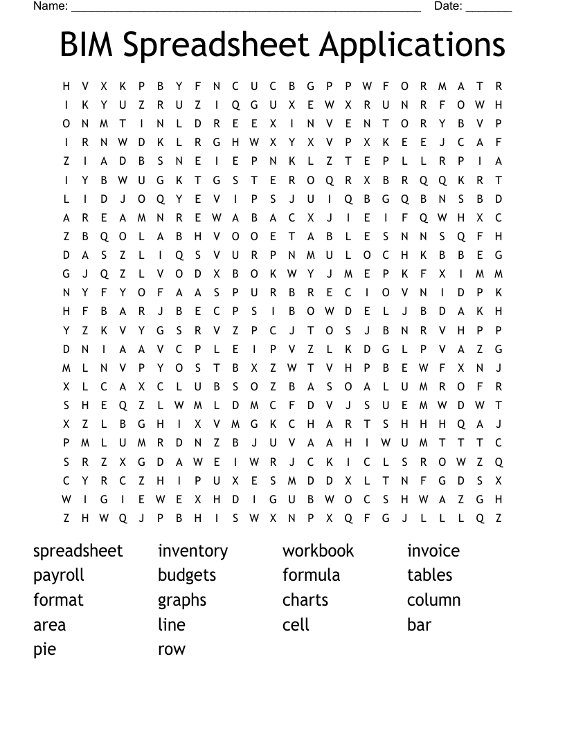 BIM Spreadsheet Applications Word Search