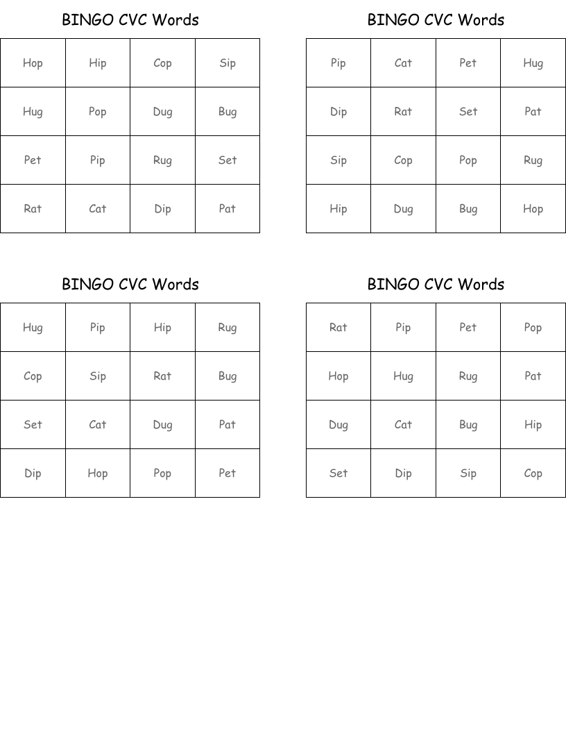BINGO CVC Words
