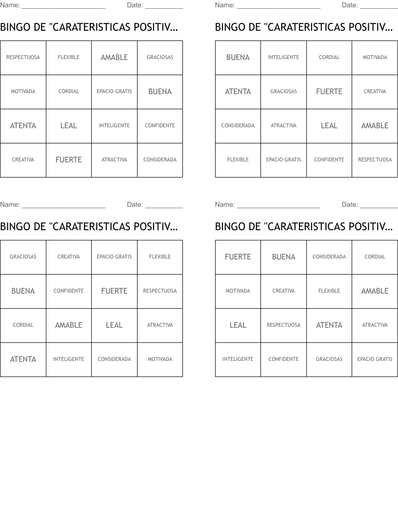 BINGO DE "CARATERISTICAS POSITIVAS" 