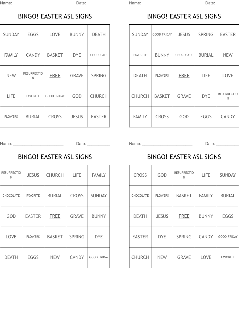 BINGO! EASTER ASL SIGNS