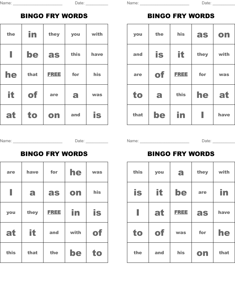 BINGO FRY WORDS 