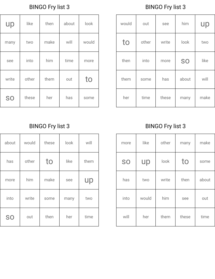 BINGO Fry list 3