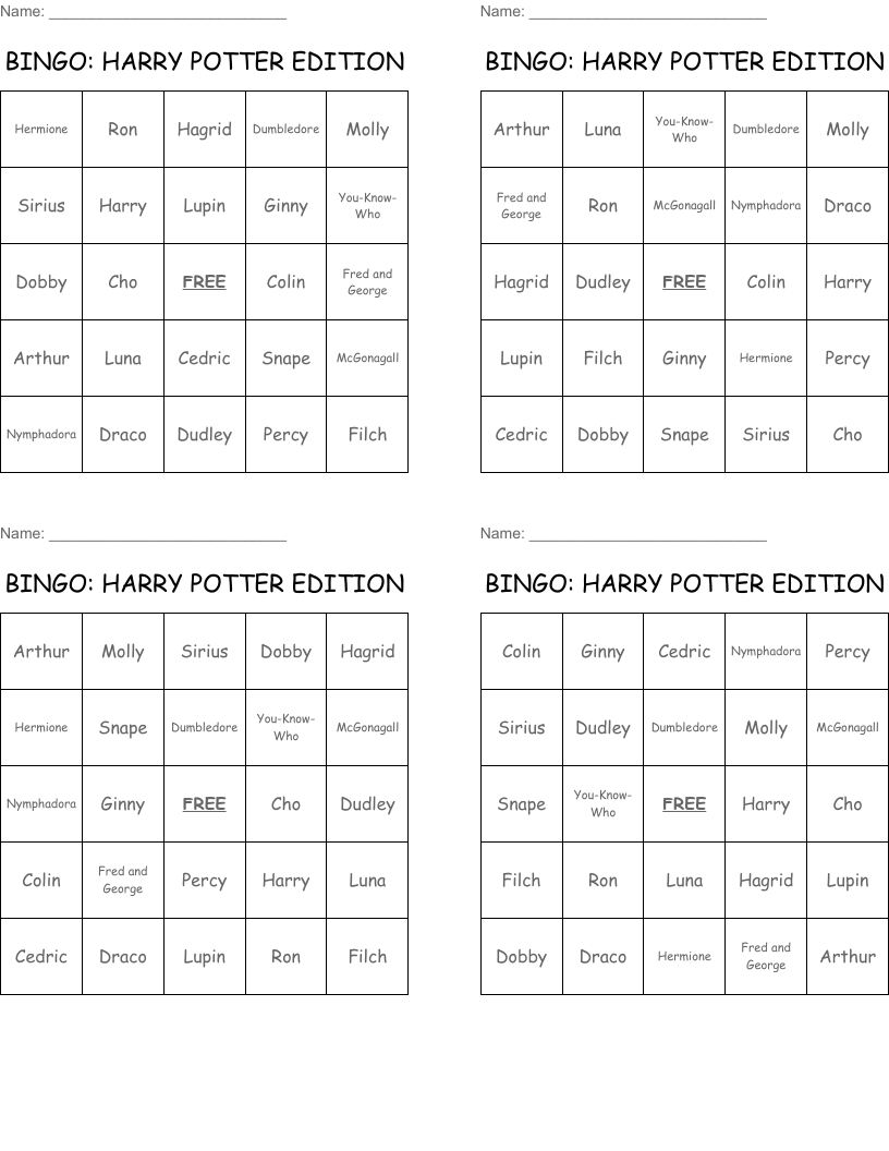 BINGO: HARRY POTTER EDITION