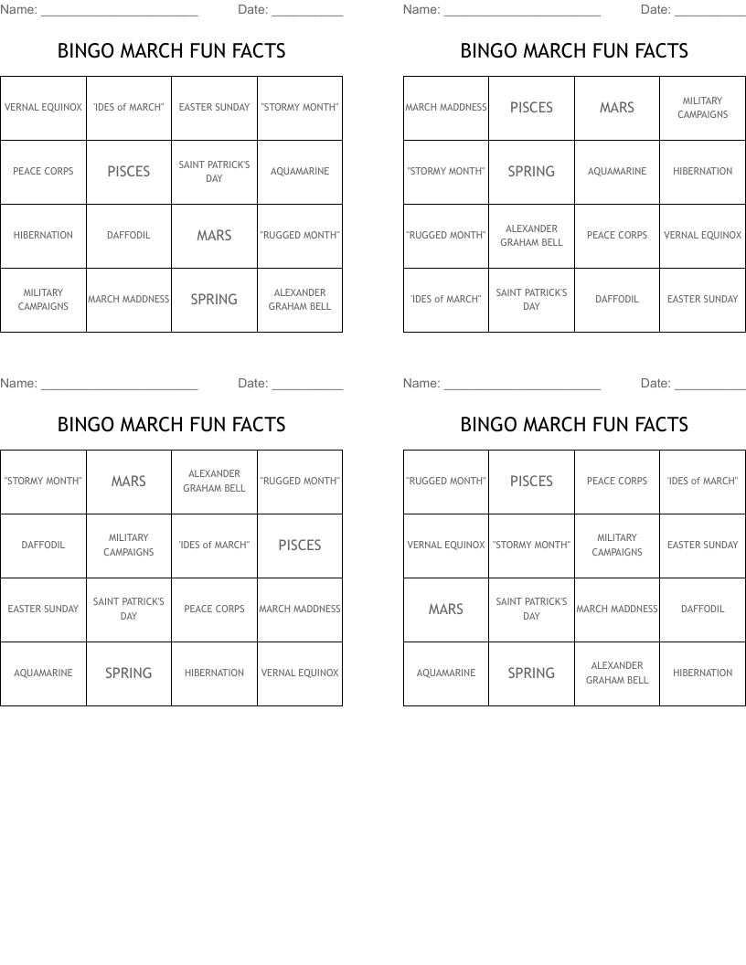 BINGO MARCH FUN FACTS