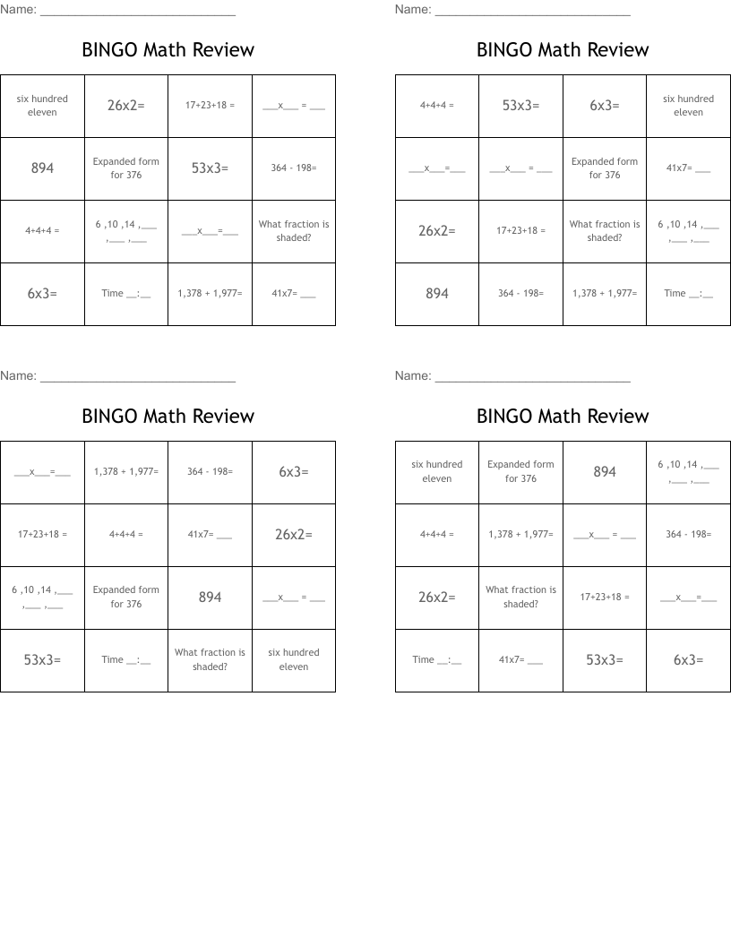 BINGO Math Review 