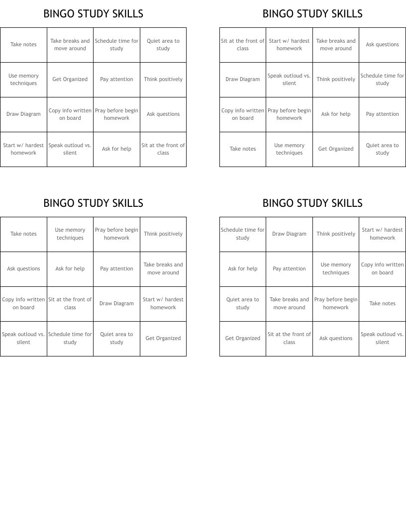 BINGO STUDY SKILLS