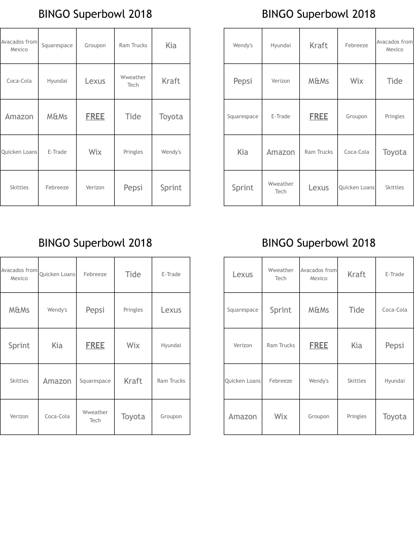BINGO Superbowl 2018