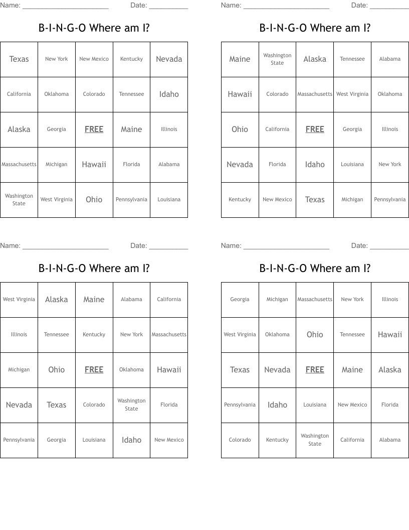 B-I-N-G-O Where am I? Bingo Cards