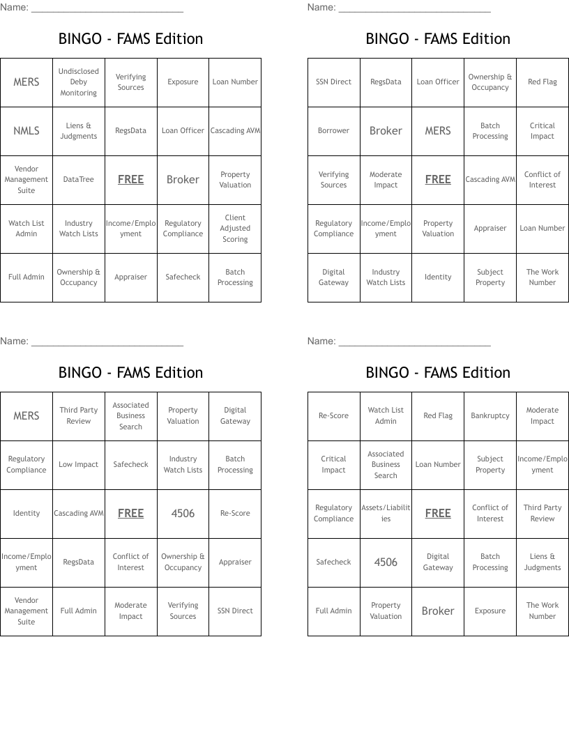 BINGO - FAMS Edition