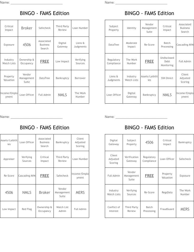 BINGO - FAMS Edition