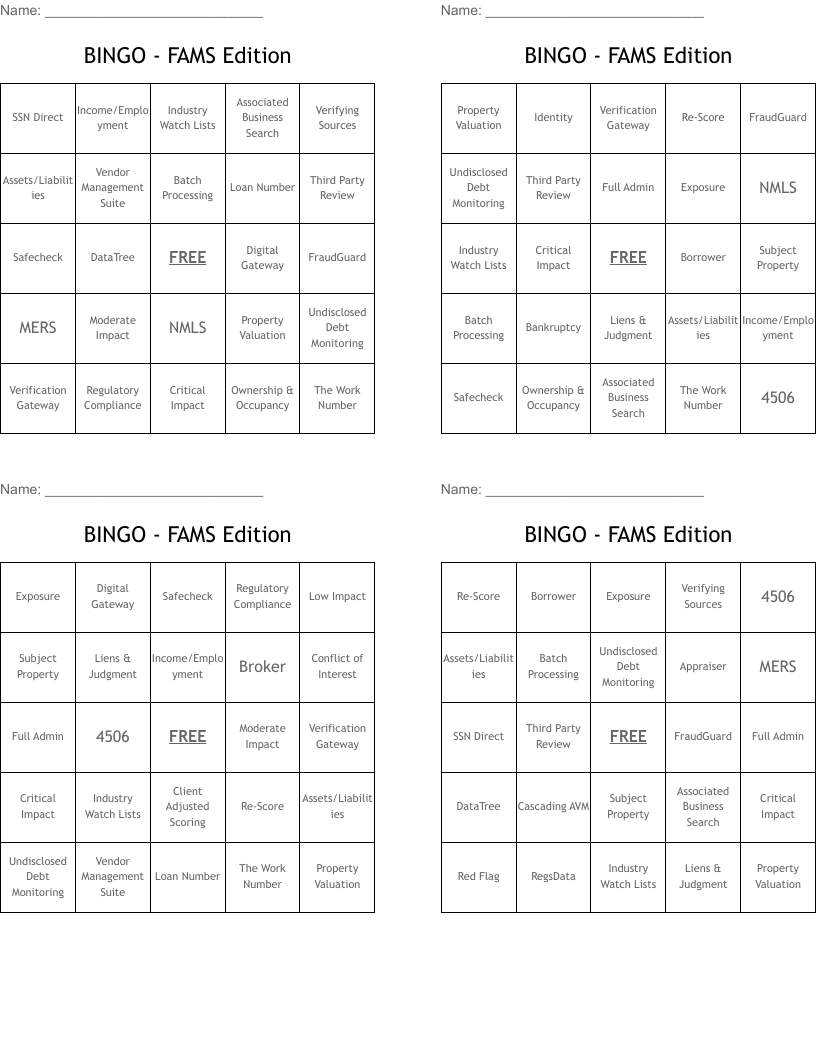 BINGO - FAMS Edition