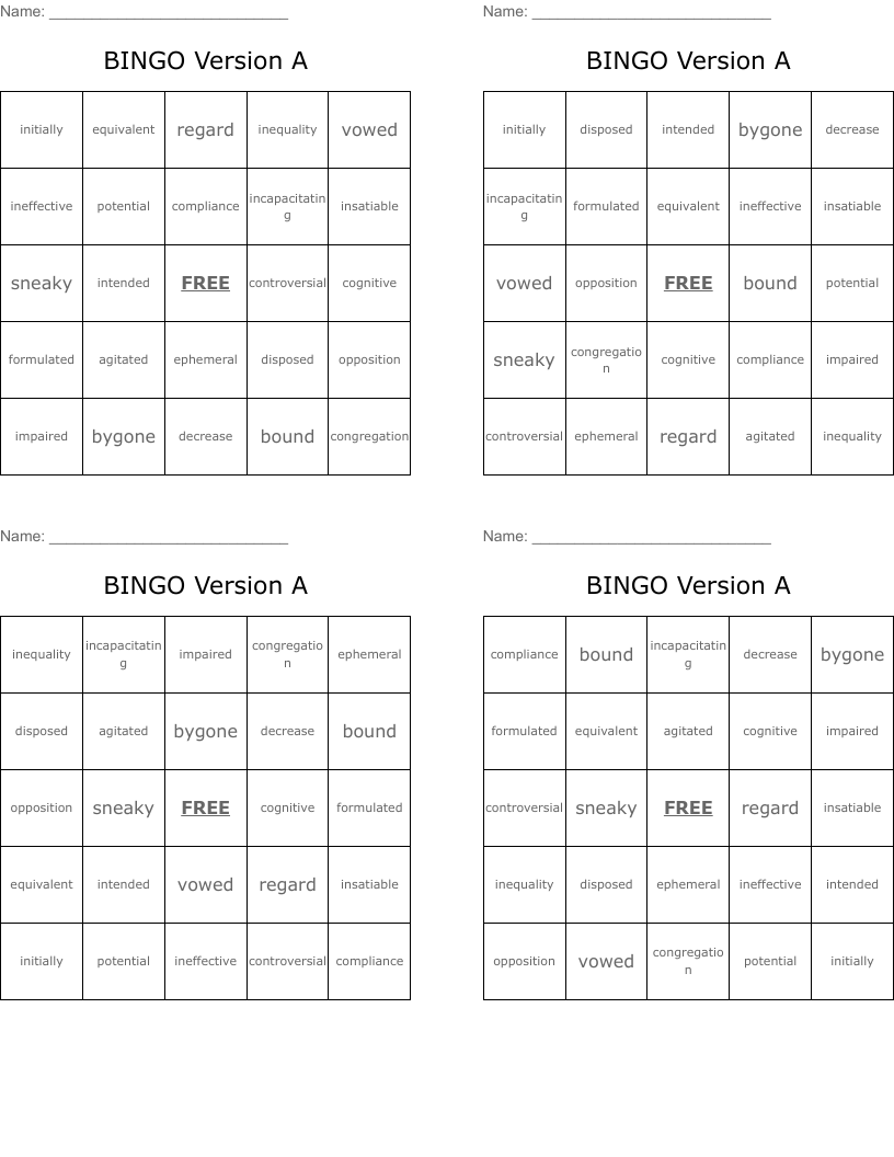 BINGO    Version A 