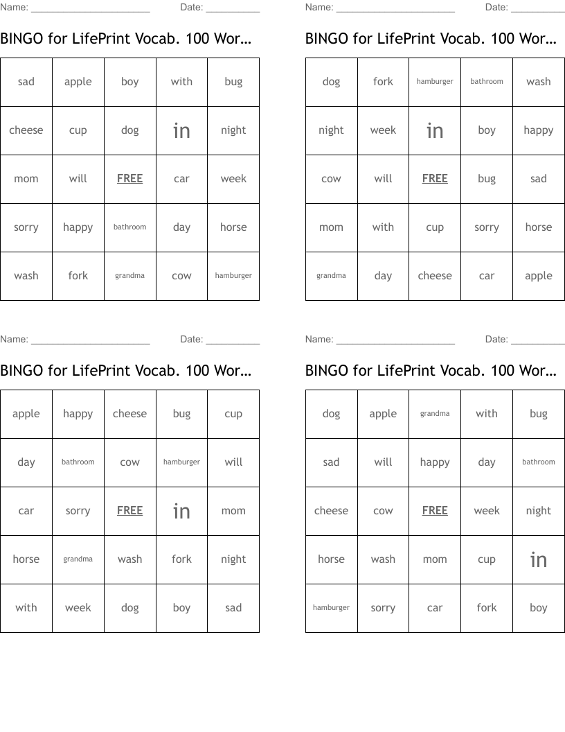 BINGO for LifePrint Vocab. 100 Word List