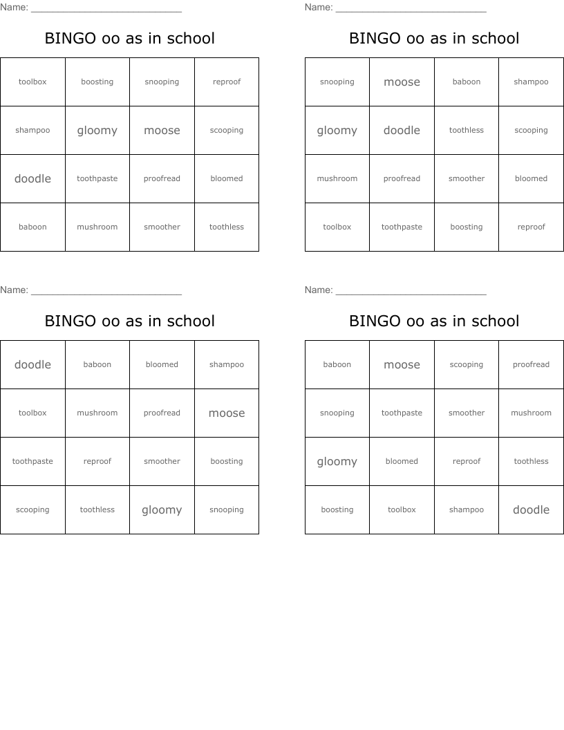 BINGO oo as in school