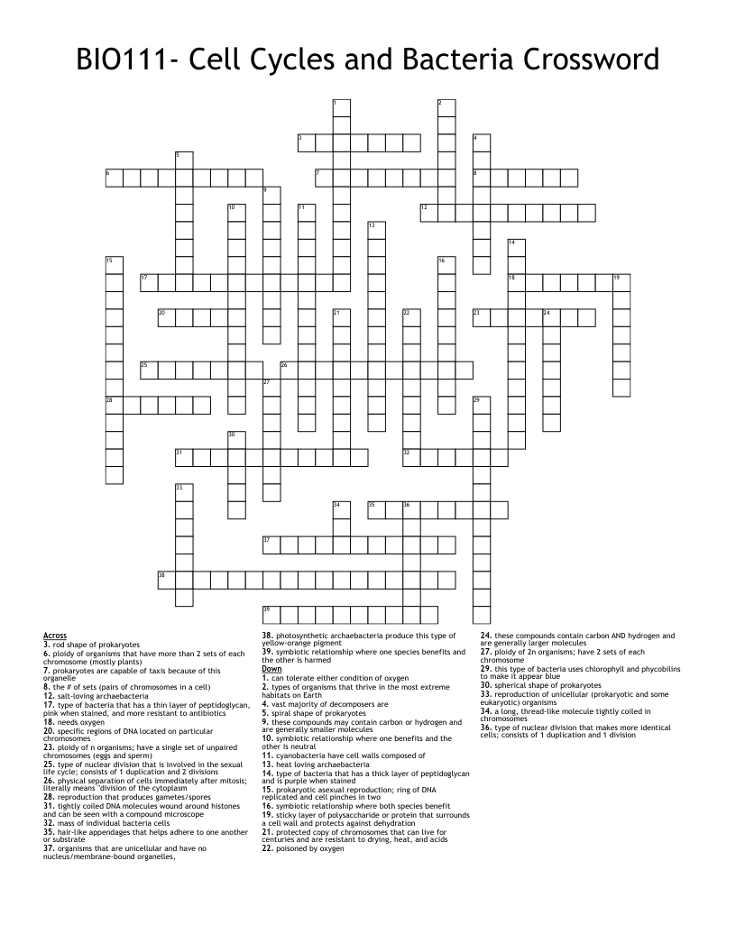 BIO111- Cell Cycles and Bacteria Crossword