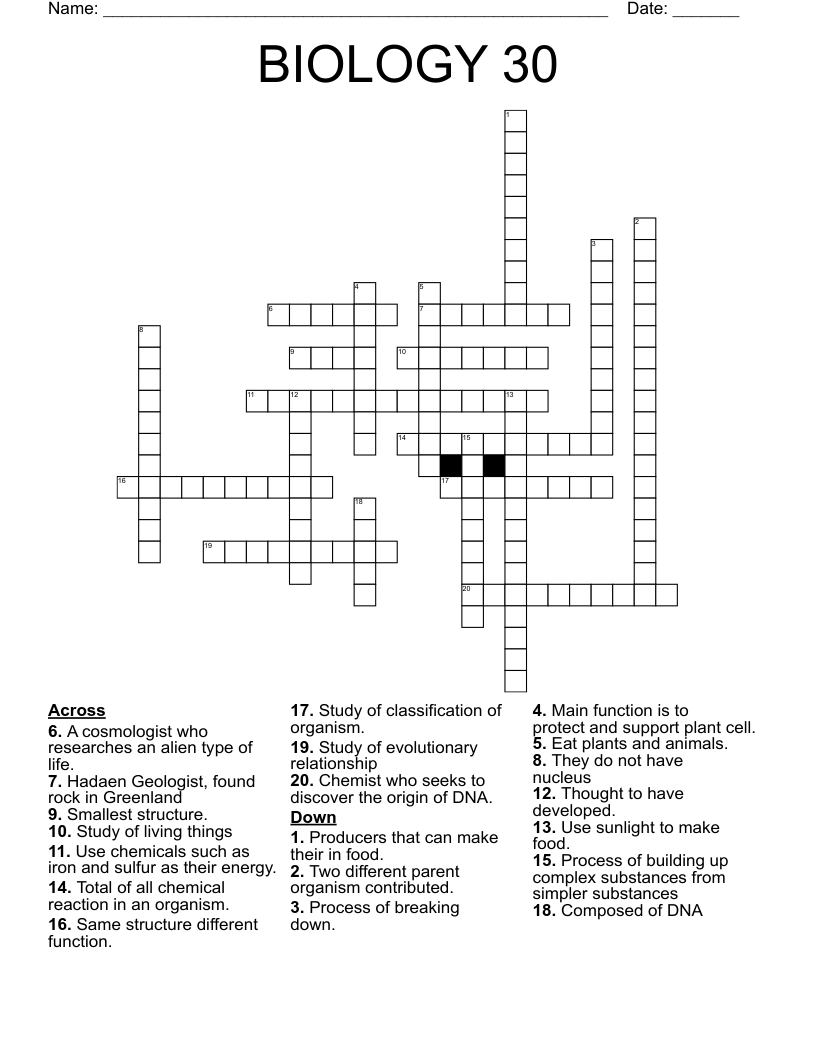 BIOLOGY 30 Crossword
