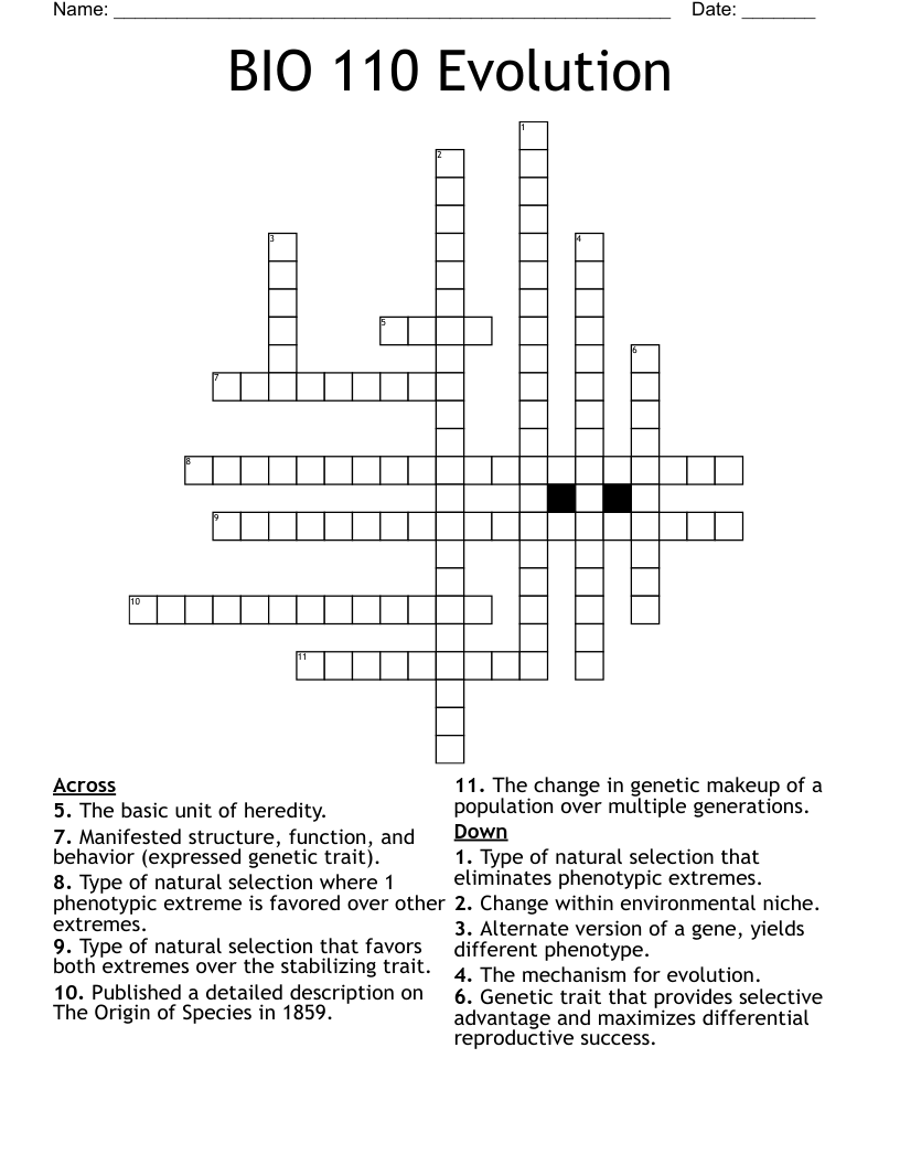BIO 110 Evolution Crossword