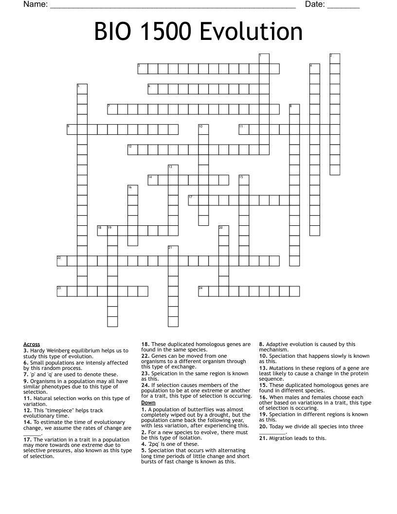 BIO 1500 Evolution Crossword
