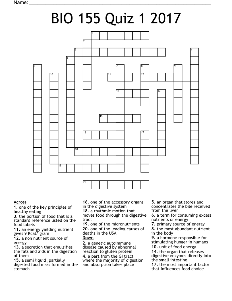 BIO 155 Quiz 1 2017 Crossword