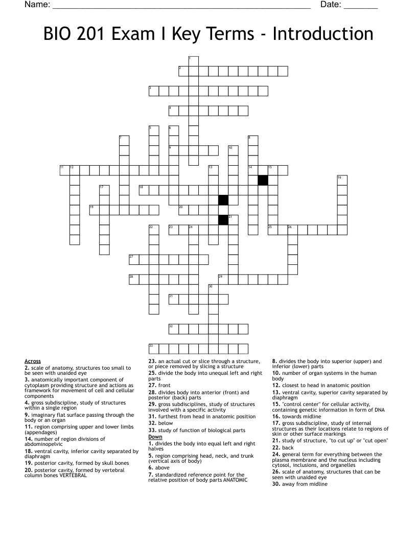 BIO 201 Exam I Key Terms - Introduction Crossword