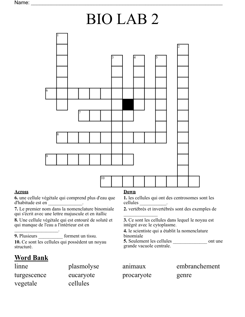 BIO LAB 2 Crossword