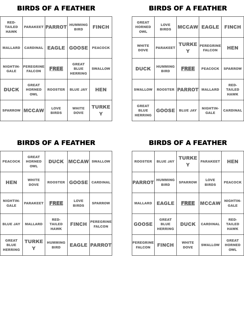 BIRDS OF A FEATHER Bingo Cards