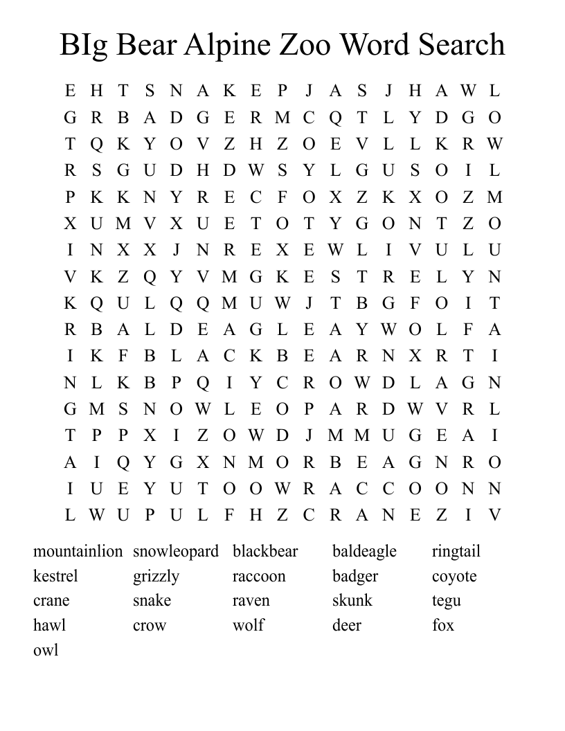 BIg Bear Alpine Zoo Word Search