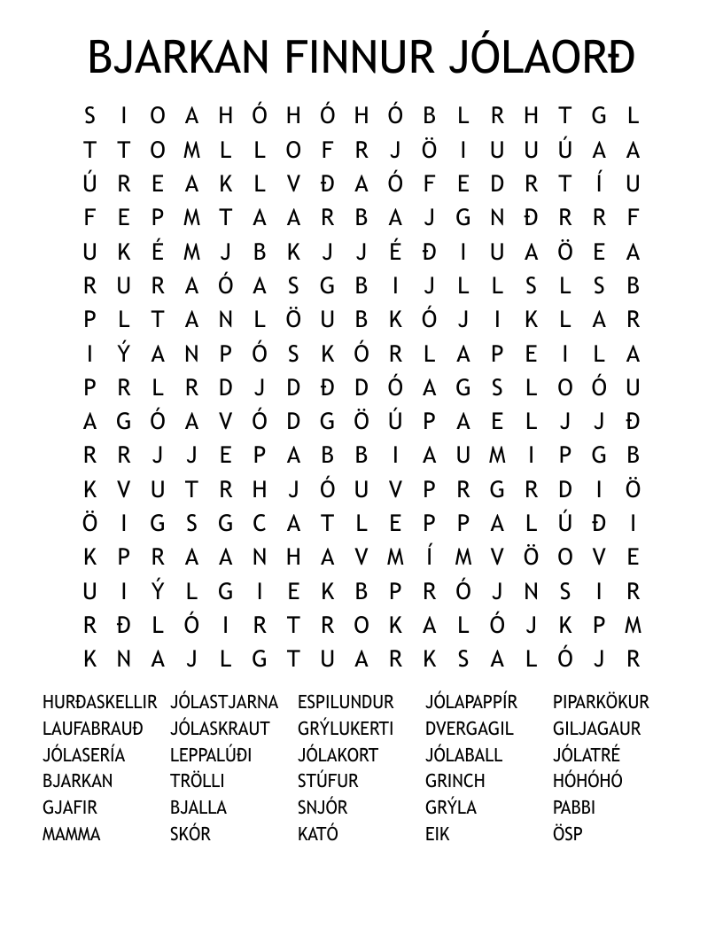 BJARKAN FINNUR JÓLAORÐ Word Search