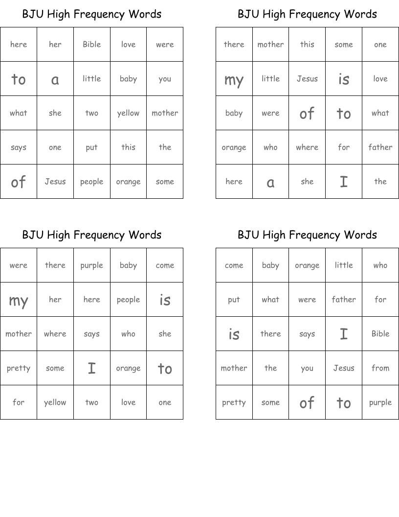 BJU High Frequency Words Bingo Cards