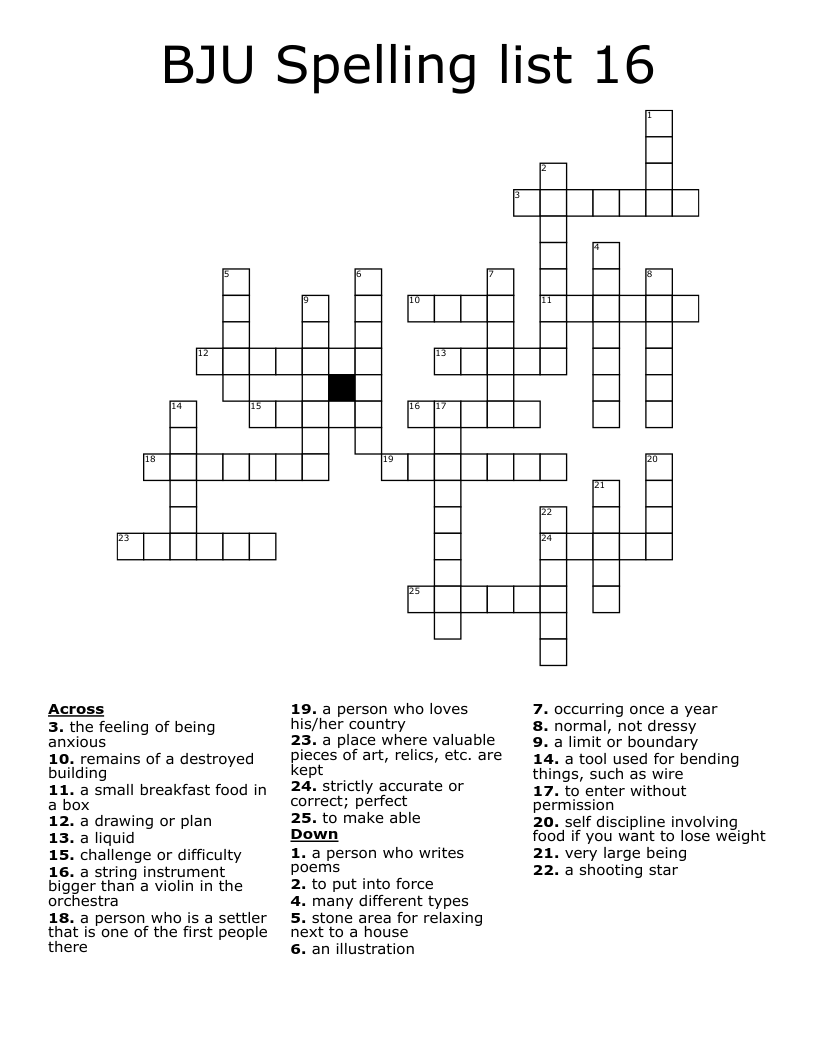 BJU Spelling list 16 Crossword