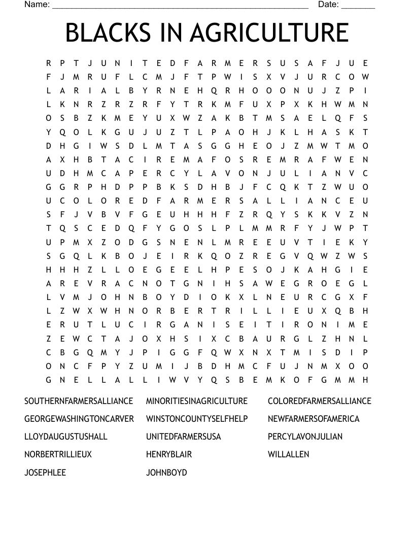 BLACKS IN AGRICULTURE Word Search