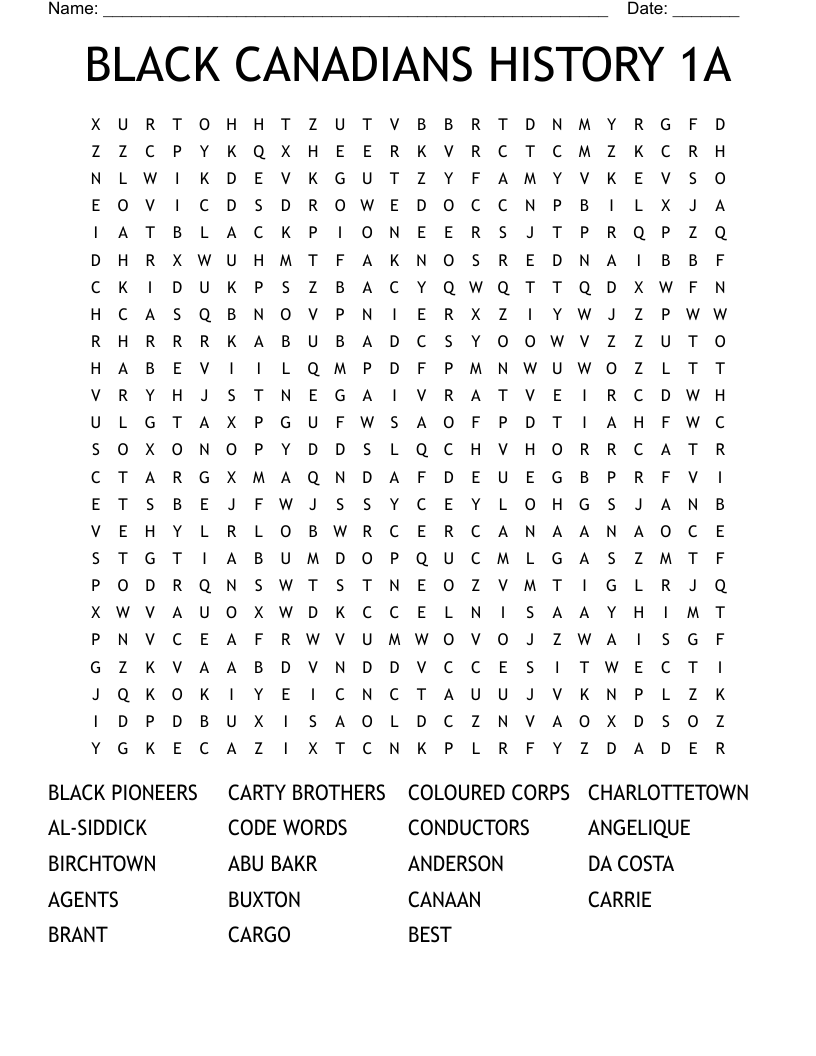 BLACK CANADIANS HISTORY 1A Word Search