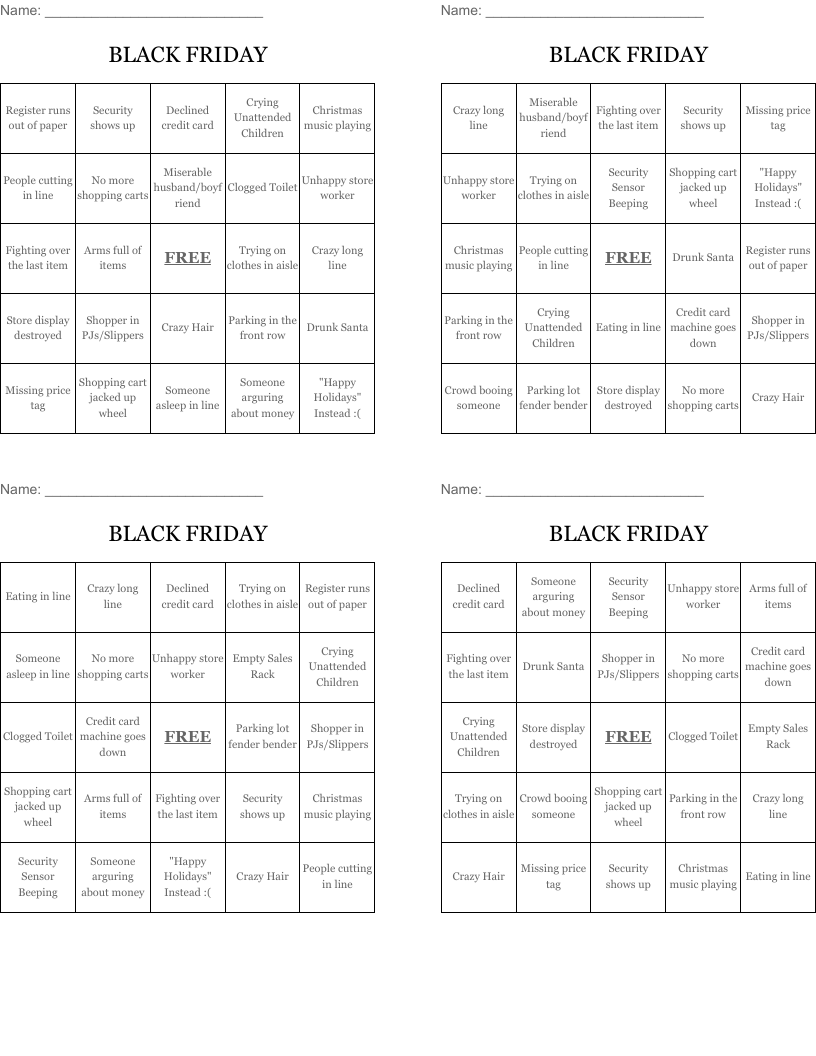 BLACK FRIDAY Bingo Cards