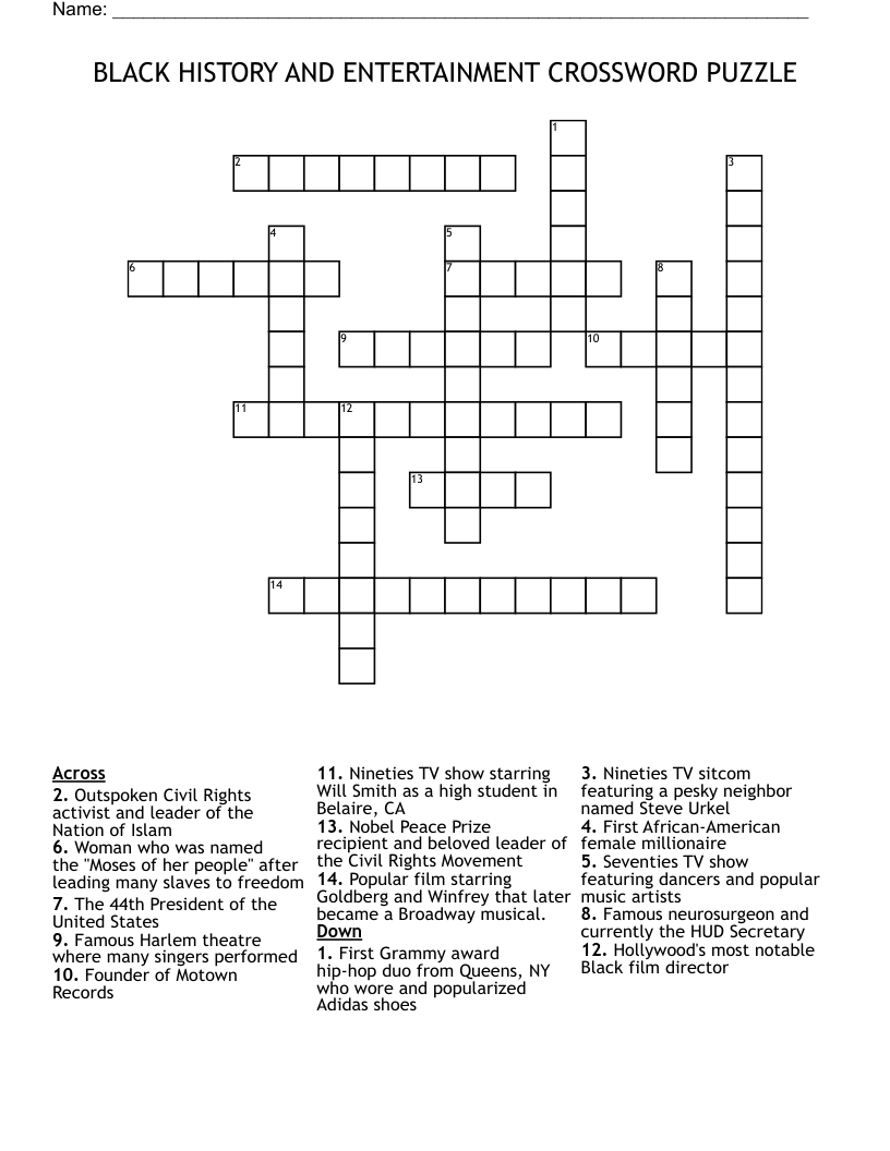 BLACK HISTORY AND ENTERTAINMENT CROSSWORD PUZZLE