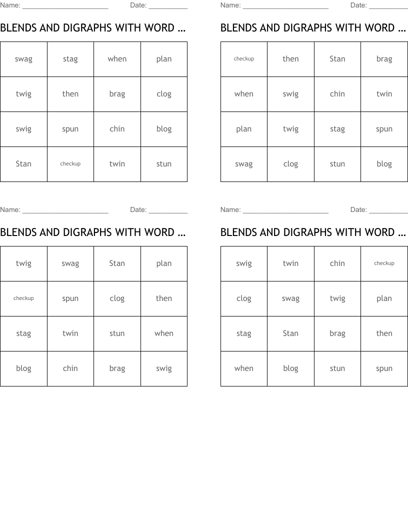 BLENDS AND DIGRAPHS WITH WORD FAMILIES Bingo Cards