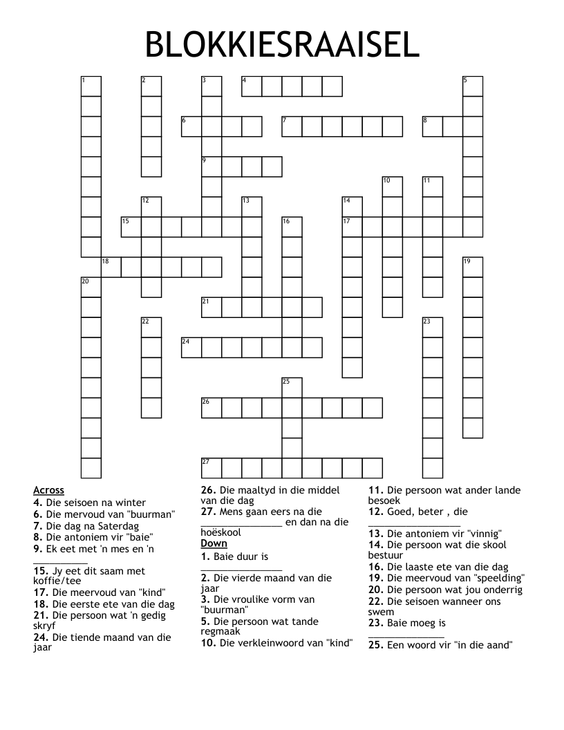BLOKKIESRAAISEL Crossword