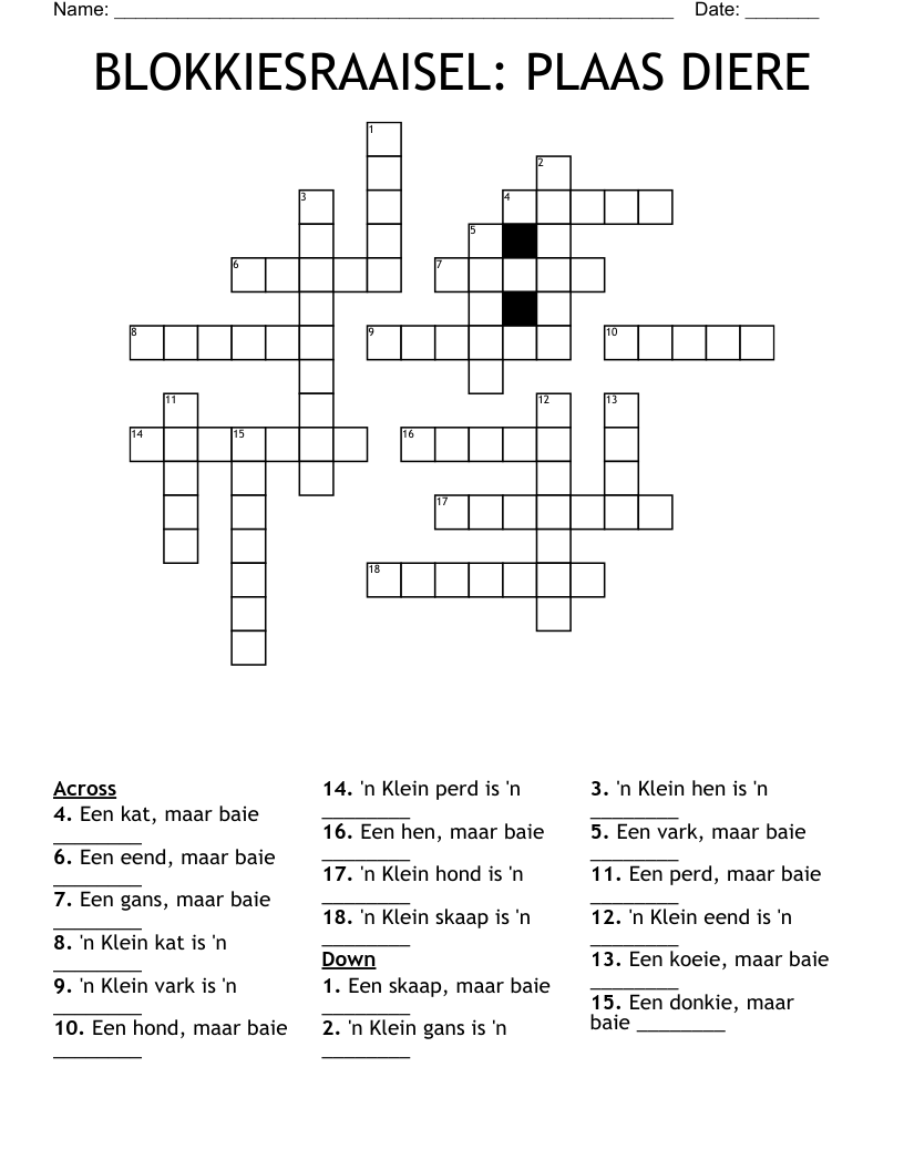 BLOKKIESRAAISEL: PLAAS DIERE Crossword