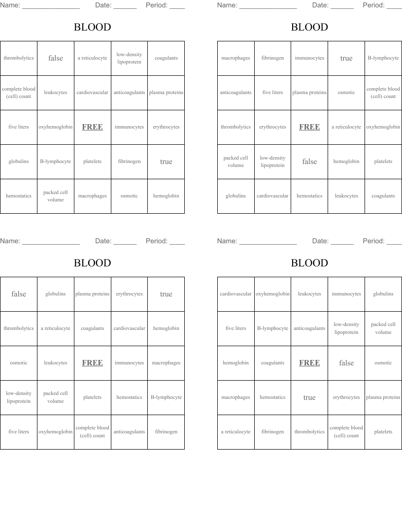 BLOOD Bingo Cards