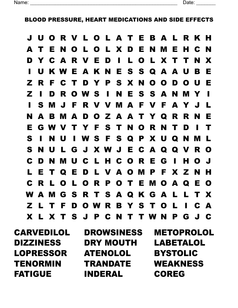BLOOD PRESSURE, HEART MEDICATIONS AND SIDE EFFECTS Word Search